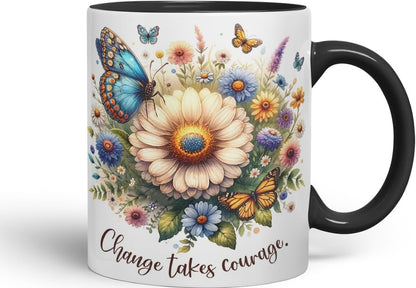 Vixar Change Takes Courage Butterfly Coloured Mug Cup Floral Nature Inspirational Gift 11oz (Black)