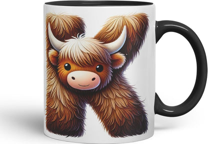 Highland Cow Alphabet Monogram Coloured Ceramic Cup Mug Letter K Rustic Farmhouse Animal Letter Gift V2 11oz (Black)