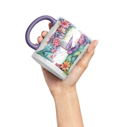 Letter H mug, Floral flowers butterfly Alphabet Letter H Monogram watercolour Ceramic Coloured Mug Cup for Tea Coffee Hot brew 330ml 11Oz Gift