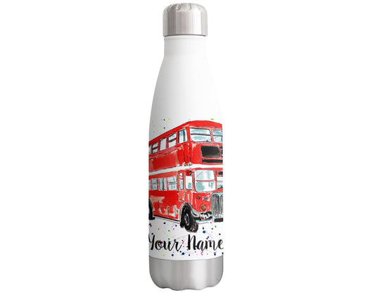 Vixar Bus Red Personalised Custom Bottle with your Text/name london busses Watercolour Animals Bottle Double Wall Insulated Stainless Steel Sport Drinks 500ml