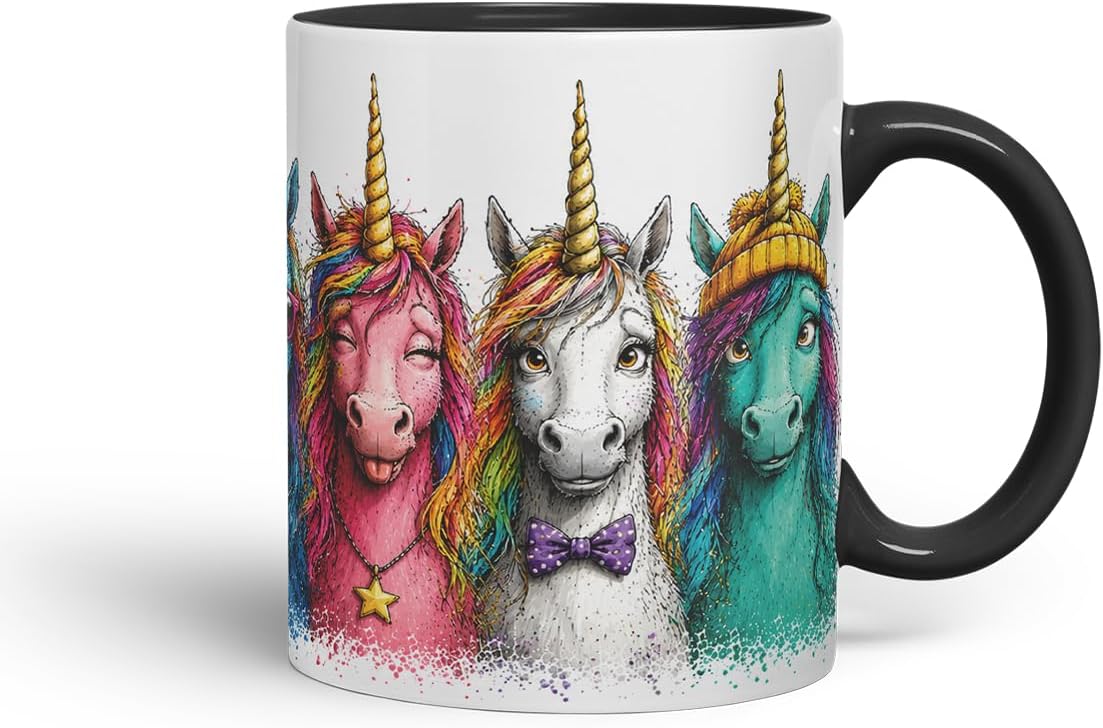 Unicorns Mug – Cute Unicorns Coloured Ceramic Mug Cup Gift, 11oz (Black)