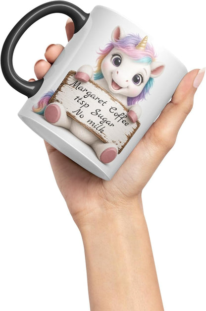 Vixar Personalised Pastel Unicorn Mug with Name or Custom Message – Cute Animal Coloured Ceramic Mug Cup Gift, 11oz (Black)