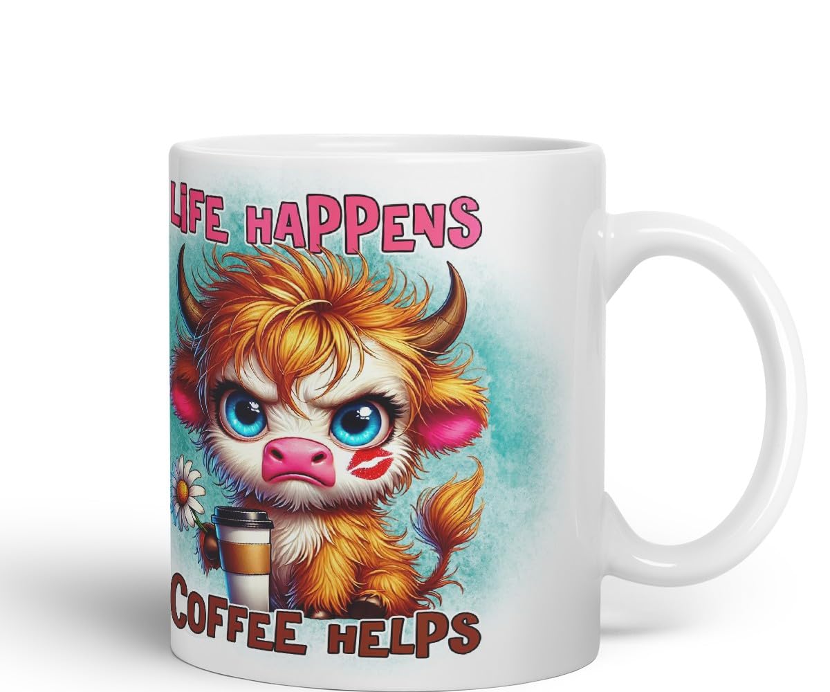 Vixar Life Happens Coffee Helps Highland Cow Coloured Ceramic Mug Cup Gift for Coffee Lovers 11oz (Black)