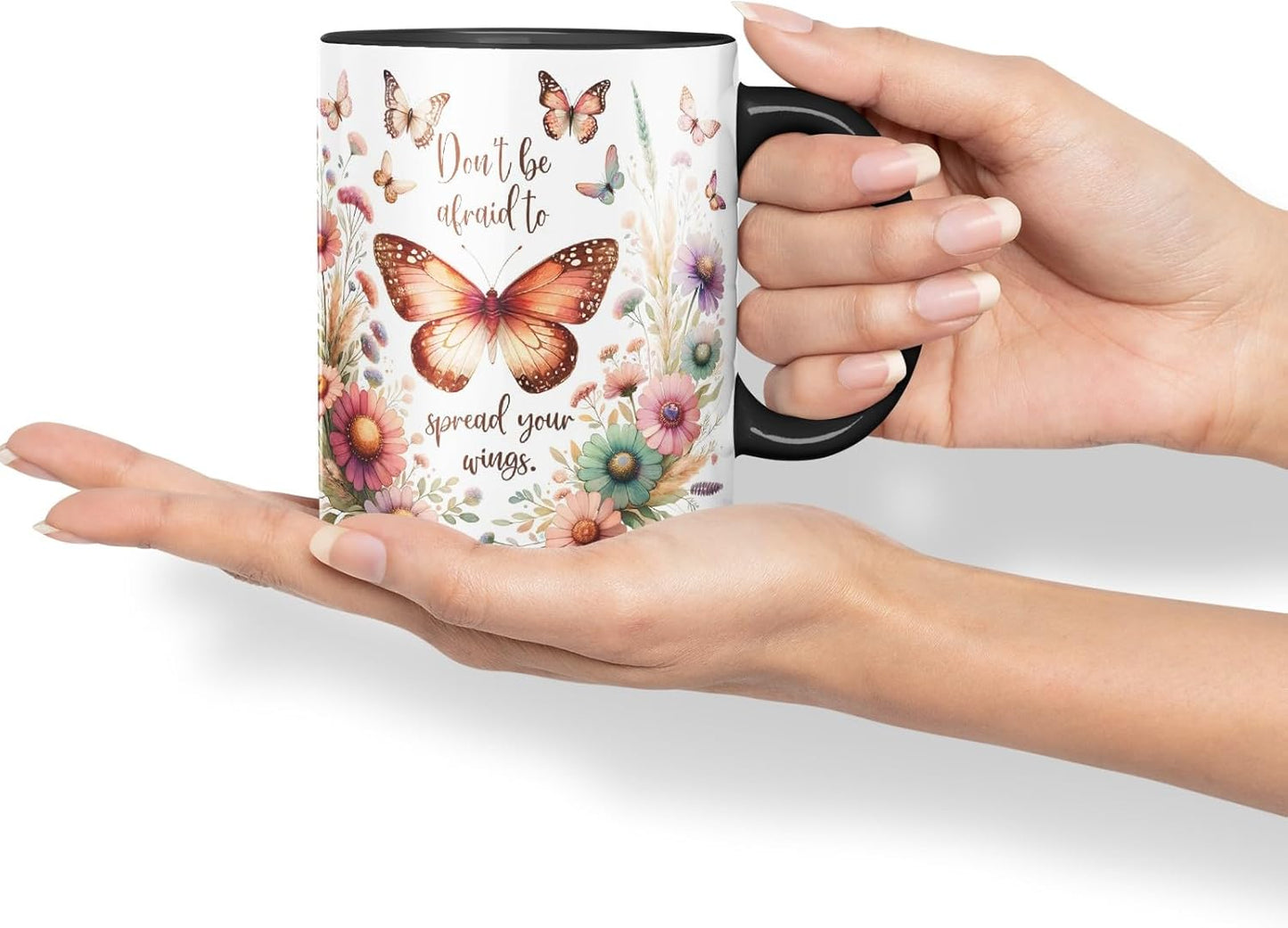 Vixar Don’t Be Afraid to Spread Your Wings Butterfly Coloured Mug Cup Floral Nature Inspirational Gift 11oz (Black)