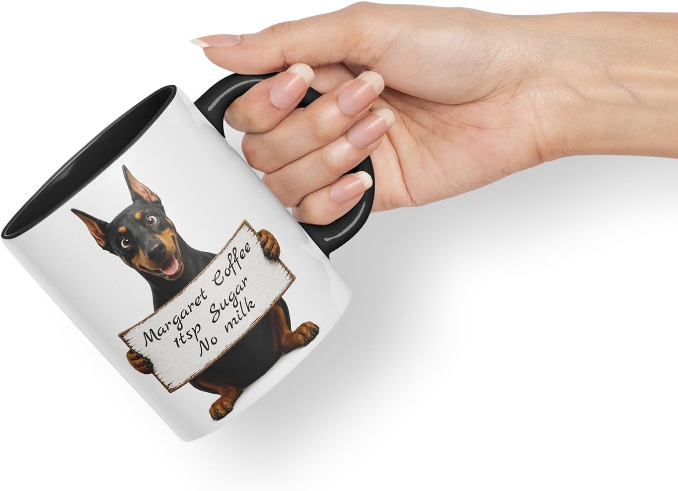 Vixar Personalised Doberman Dog Pet Mug with Name or Custom Message – Cute Animal Coloured Ceramic Mug Cup Gift, 11oz (Black)