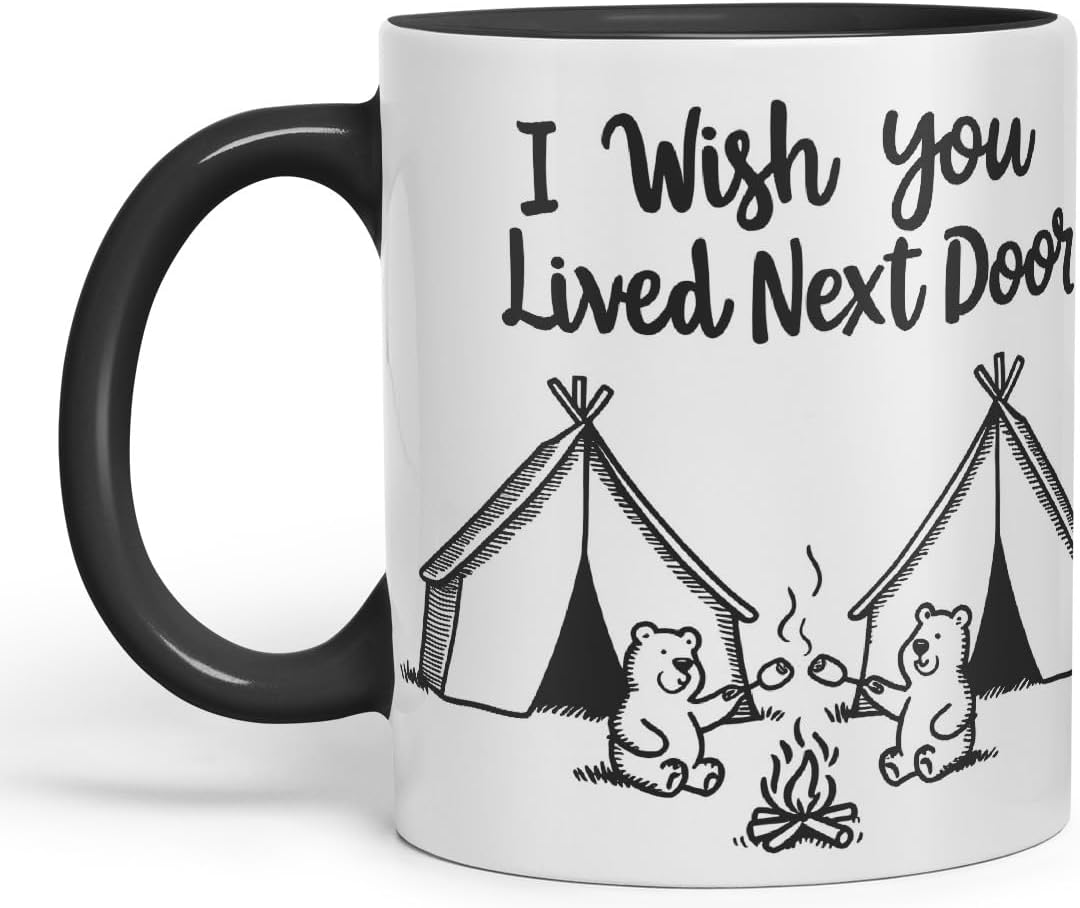 Vixar I Wish You Lived Next Door Bears Camping Coloured Mug Cup Friendship Long Distance Gift 11oz (Black)