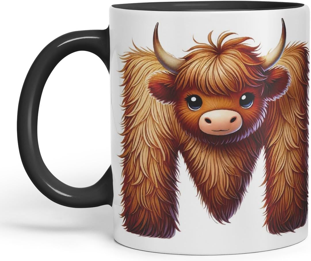 Highland Cow Alphabet Monogram Coloured Ceramic Cup Mug Letter M Rustic Farmhouse Animal Letter Gift V2 11oz (Black)