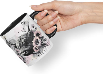 Vixar Highland Cows Flowers Mug – Coloured Ceramic Mug Cup Gift, 11oz (Black)