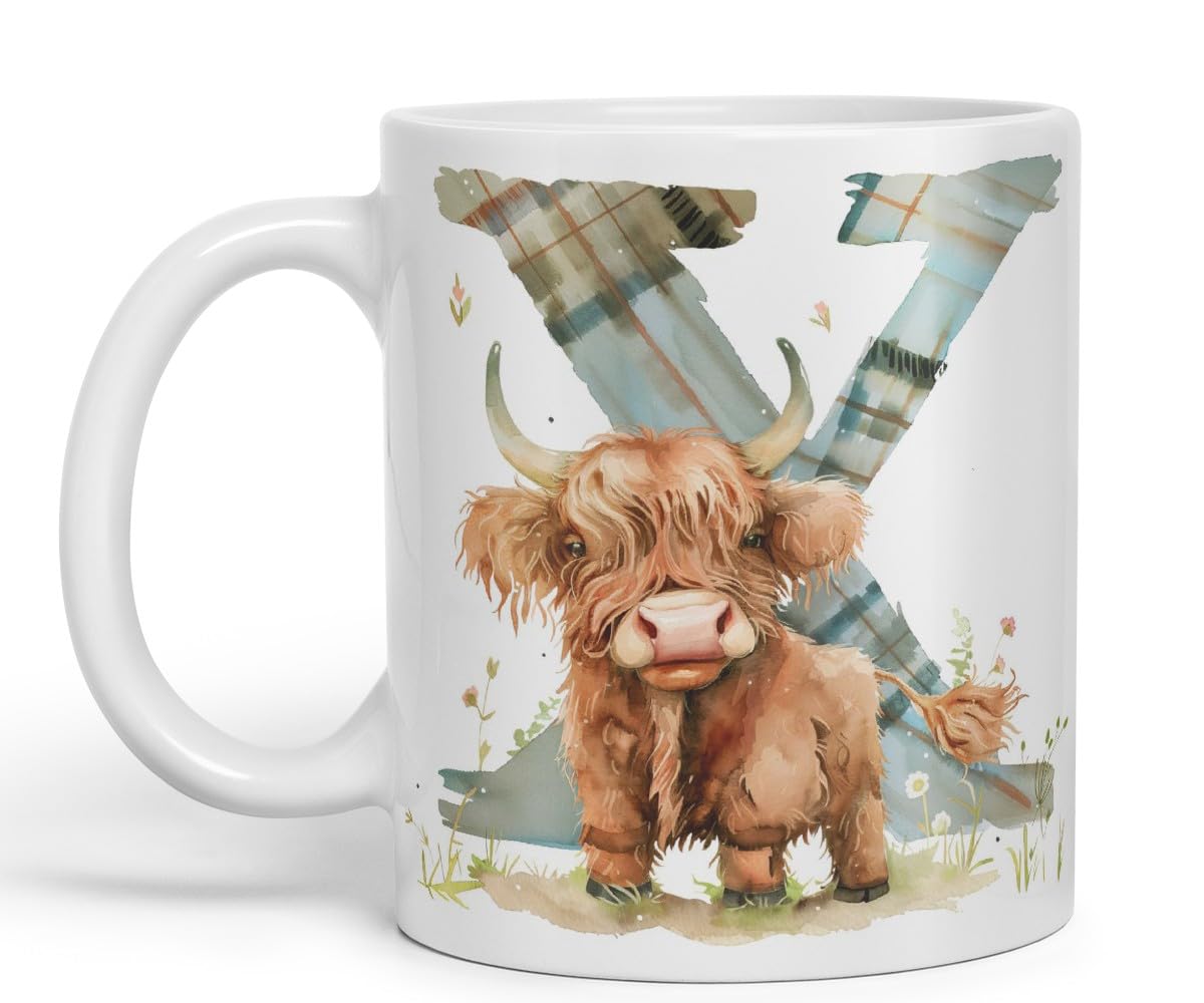 Vixar Highland Cow Alphabet Monogram Coloured Ceramic Cup Mug – Letter X – Rustic Farmhouse Animal Letter Gift – 11oz (Black)