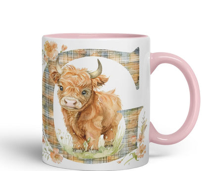 Vixar Highland Cow Alphabet Monogram Coloured Ceramic Cup Mug – Letter G – Rustic Farmhouse Animal Letter Gift – 11oz (Black)