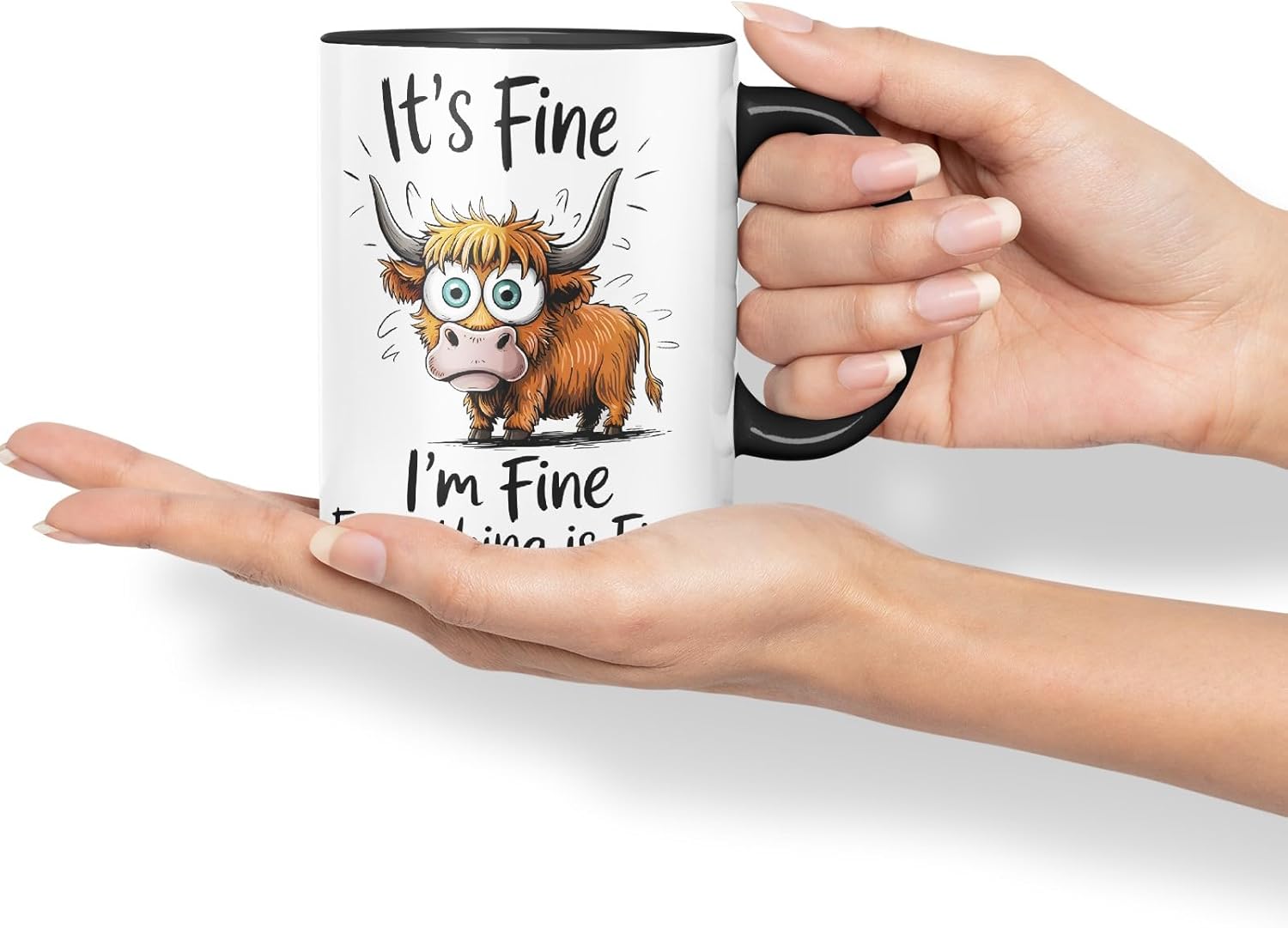Vixar It's Fine I'm Fine Everything is ..., Highland Cow Scottish Joke Sarcastic Ceramic Coloured Mug Cup 330ml 11Oz (Black)
