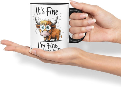 Vixar It's Fine I'm Fine Everything is ..., Highland Cow Scottish Joke Sarcastic Ceramic Coloured Mug Cup 330ml 11Oz (Black)