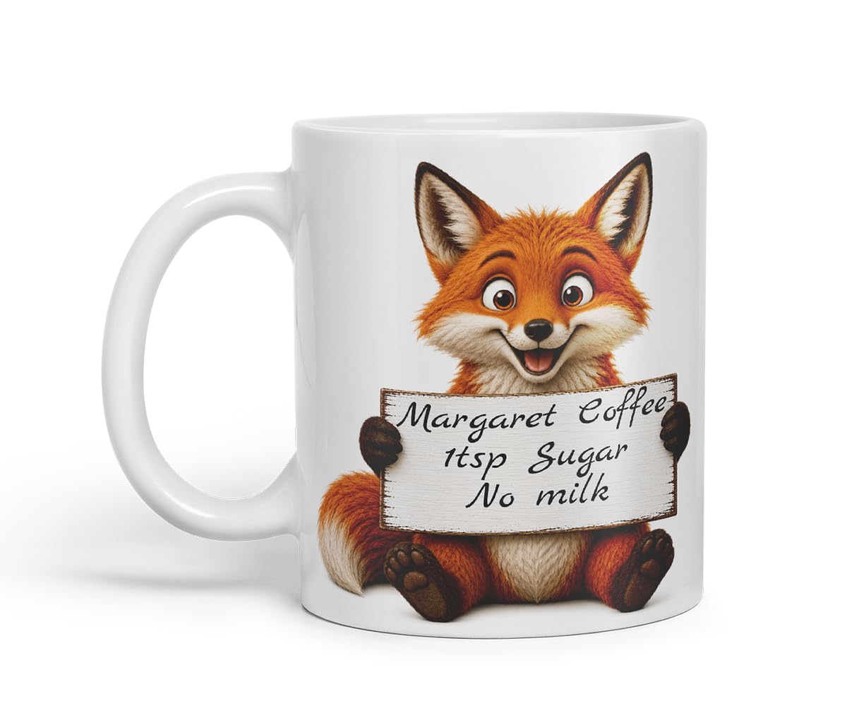 Vixar Personalised Fox Mug with Name or Custom Message – Cute Animal Coloured Ceramic Mug Cup Gift, 11oz (Black)