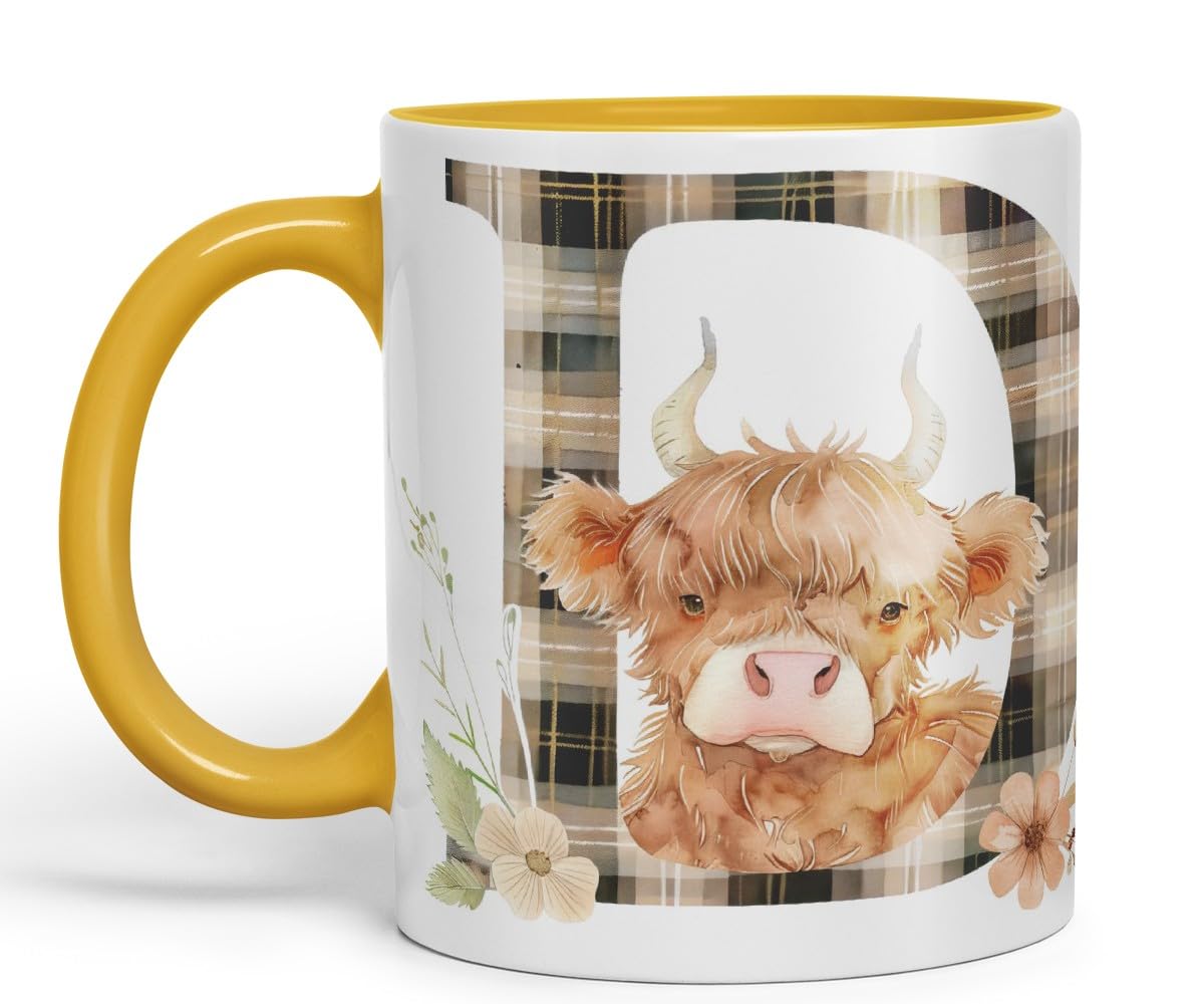 Vixar Highland Cow Alphabet Monogram Coloured Ceramic Cup Mug – Letter D – Rustic Farmhouse Animal Letter Gift – 11oz (Black)