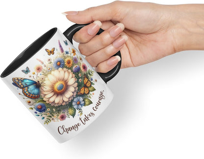 Vixar Change Takes Courage Butterfly Coloured Mug Cup Floral Nature Inspirational Gift 11oz (Black)