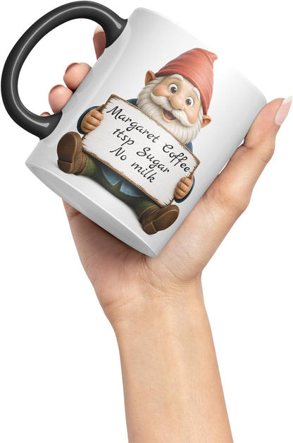 Vixar Personalised Gnome Mug with Name or Custom Message – Cute Animal Coloured Ceramic Mug Cup Gift, 11oz (Black)
