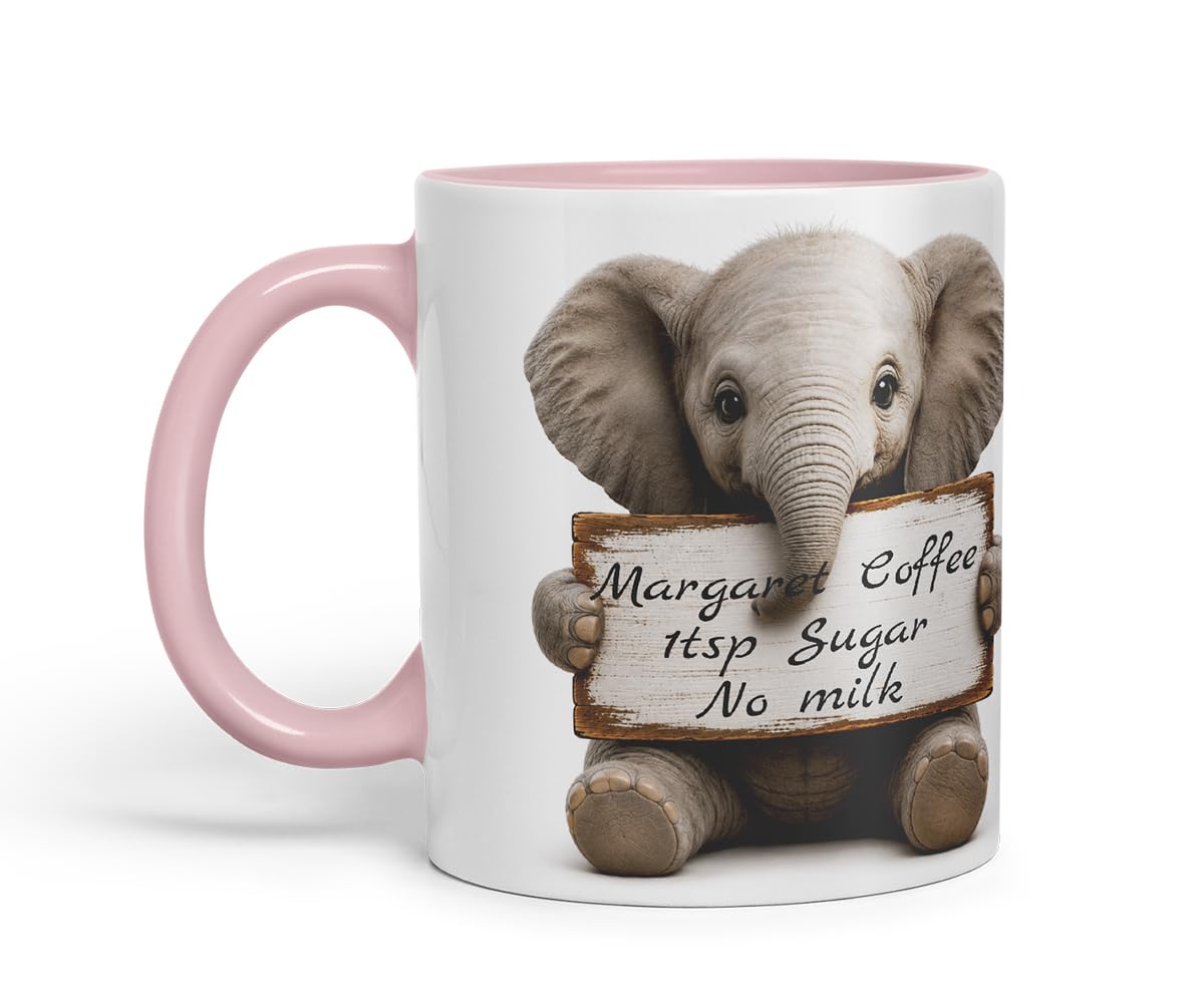 Vixar Personalised Elephant Mug with Name or Custom Message – Cute Animal Coloured Ceramic Mug Cup Gift, 11oz (Black)