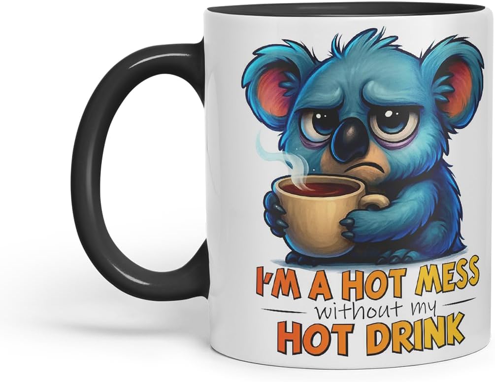 Vixar I'm A Hot Mess Without My Hot Drink Funny Koala Mug – Coloured Ceramic Mug Cup Gift, 11oz (Black)