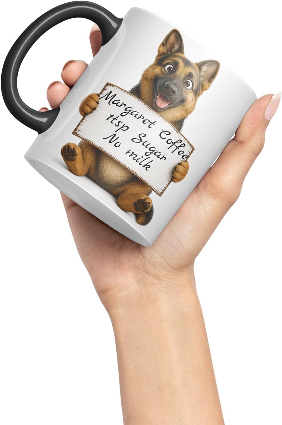 Vixar Personalised German Shepherd Dog Pet Mug with Name or Custom Message – Cute Animal Coloured Ceramic Mug Cup Gift, 11oz (Black)