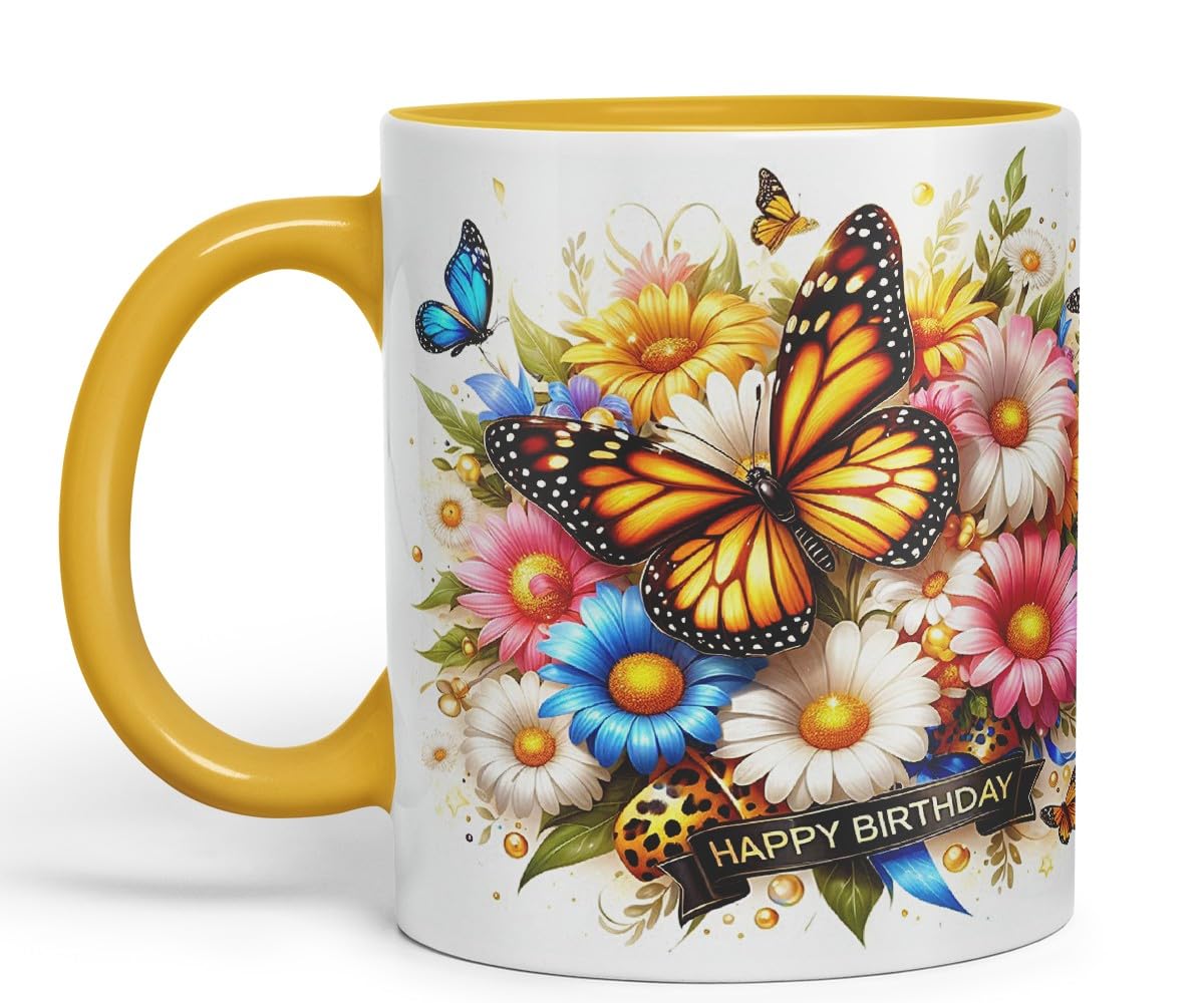 Vixar Happy Birthday Golden Butterfly Daisies Coloured Ceramic Mug Cup Gift 11oz V11 (Black)