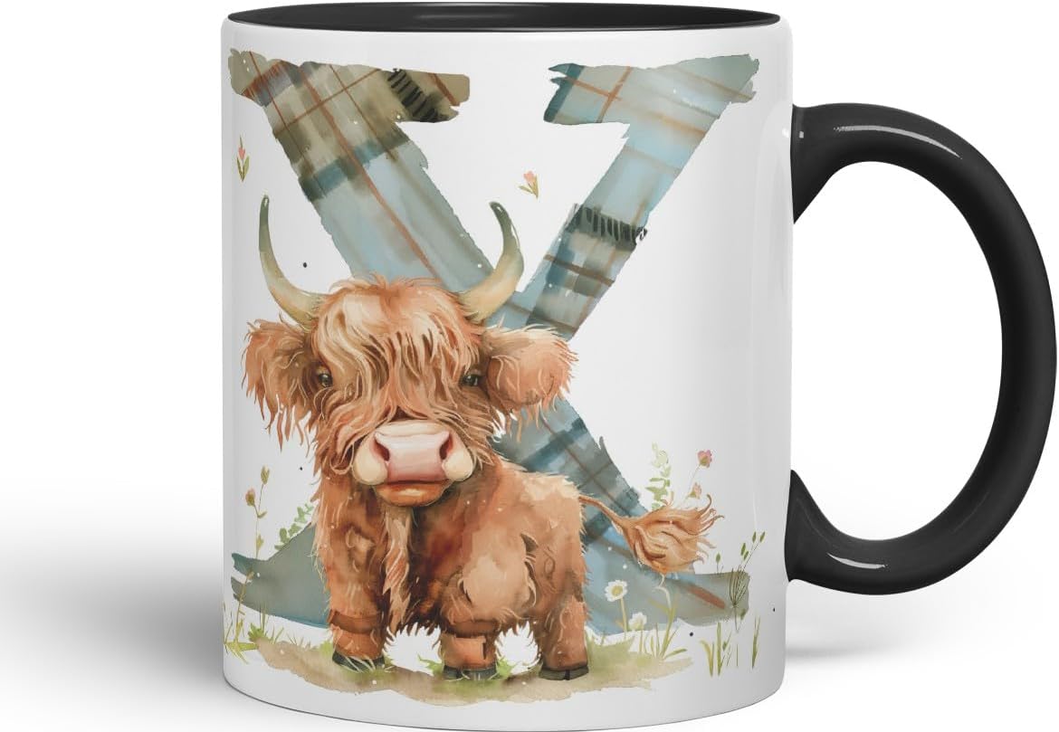 Vixar Highland Cow Alphabet Monogram Coloured Ceramic Cup Mug – Letter X – Rustic Farmhouse Animal Letter Gift – 11oz (Black)