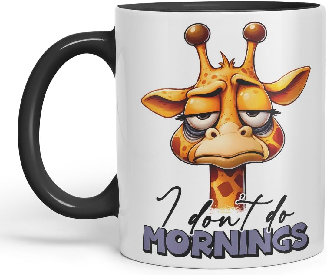 Vixar I Don’t Do Mornings Sarcastic Giraffe Mug, Coloured Ceramic Cup 11oz (Black)