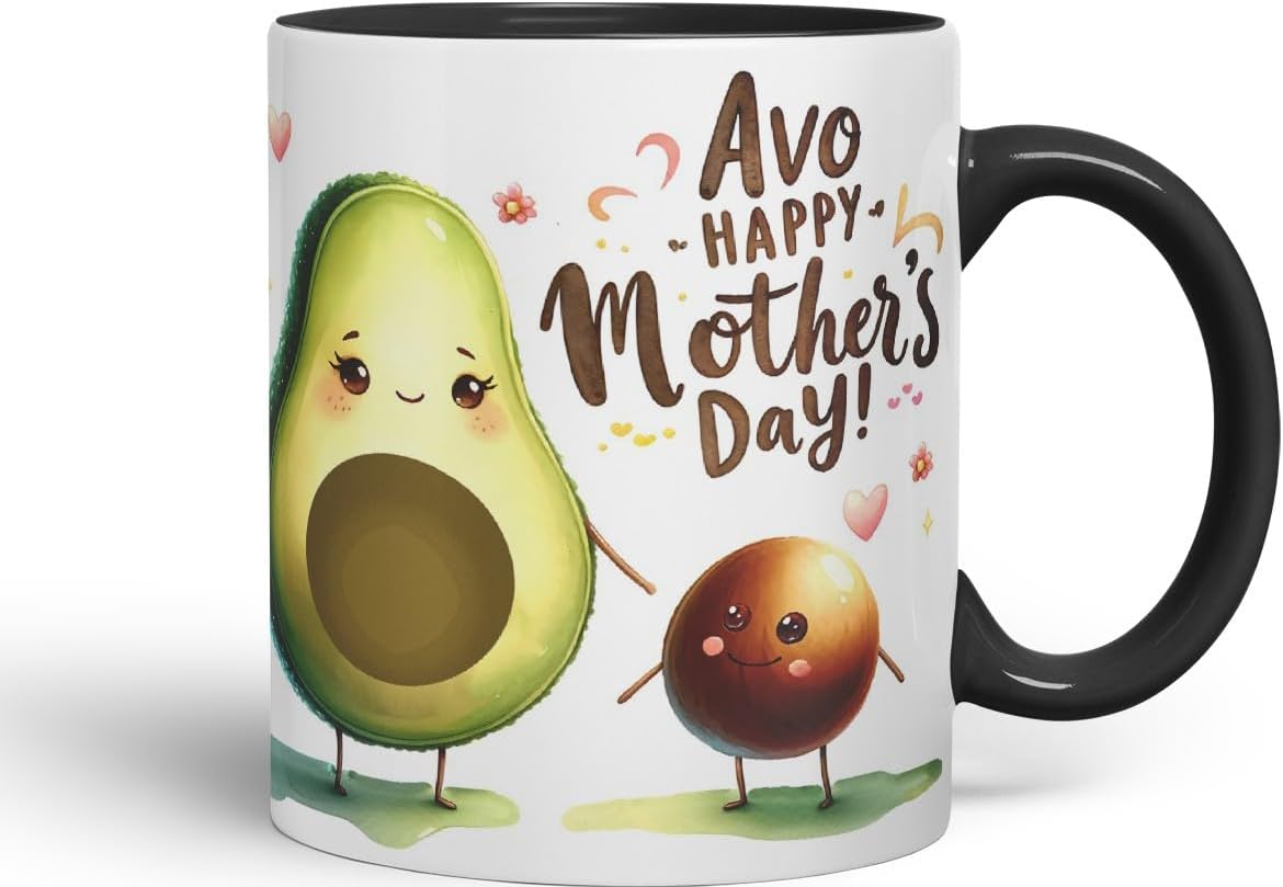 Vixar AVO Happy Mother’s Day Coloured Mug Cup Cute Avocado Gift 11oz (Black)
