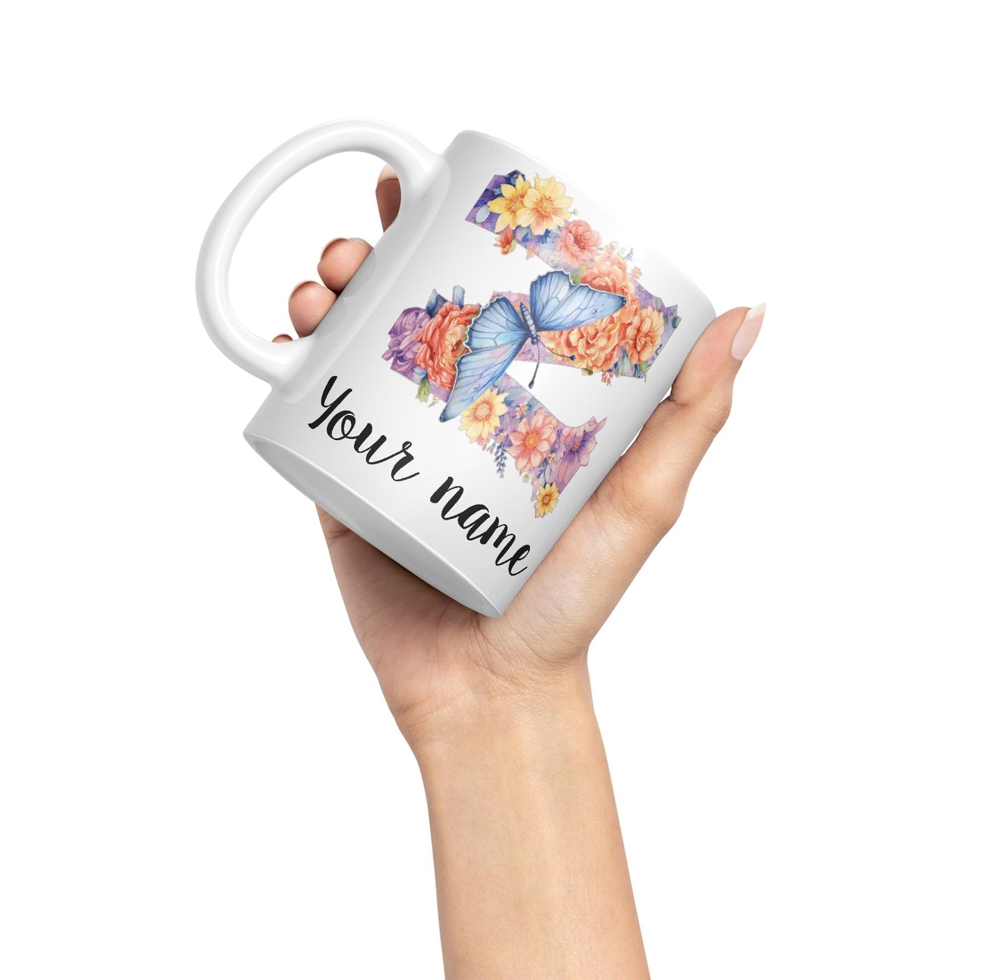 Personalised Letter Z mug, Customized Custom Floral flowers butterfly Alphabet Letter Z Monogram watercolour Ceramic Coloured Mug Cup for Tea Coffee Hot brew 330ml 11Oz Gift