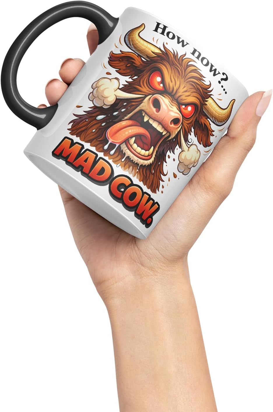 Vixar How Now Mad Cow Funny Highland Cow Mug – Coloured Ceramic Mug Cup Gift, 11oz (Black)