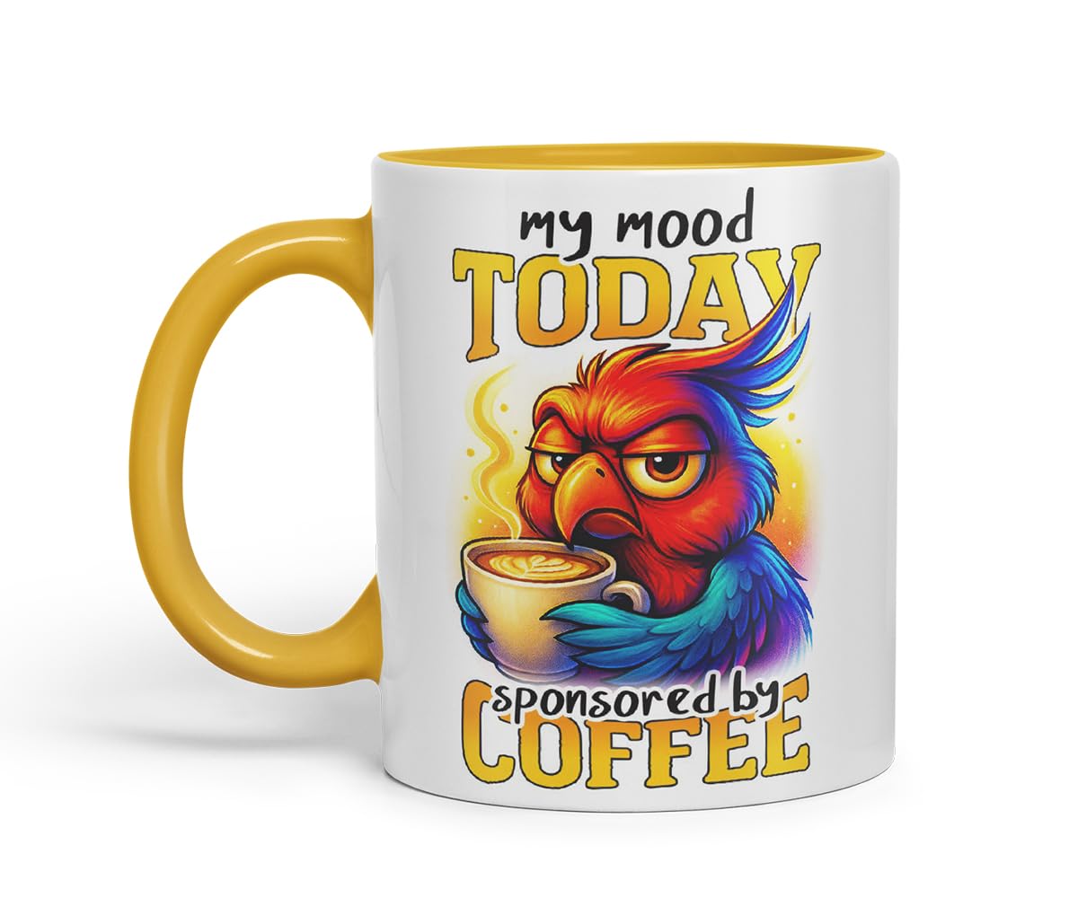 Vixar My Mood Today Sponsored By Coffee Funny Parrot Mug – Coloured Ceramic Mug Cup Gift, 11oz (Black)