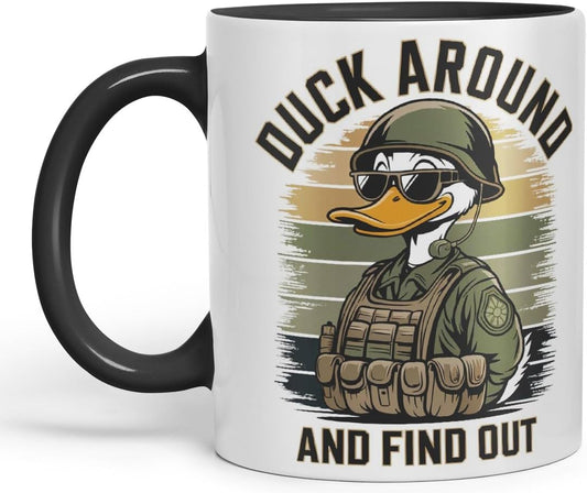 Vixar Duck Around and Find Out – Coloured Ceramic Mug Cup Gift, 11oz (Black)