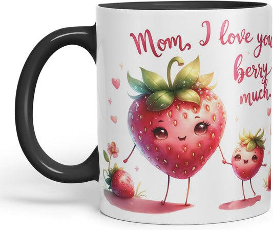Vixar Mom, I Love You Berry Much Coloured Mug Cup Cute Strawberry Mother’s Day Gift 11oz (Black)