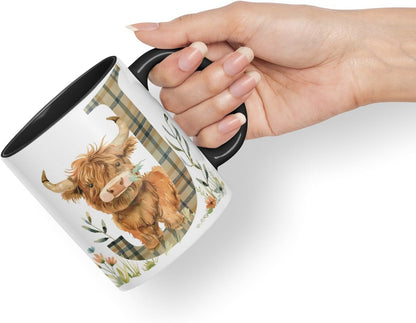 Vixar Highland Cow Alphabet Monogram Coloured Ceramic Cup Mug – Letter J – Rustic Farmhouse Animal Letter Gift – 11oz (Black)