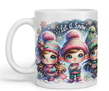 Vixar Let It Snow Cute Christmas Elves Coloured Mug Cup Winter Gift 11oz (Black)