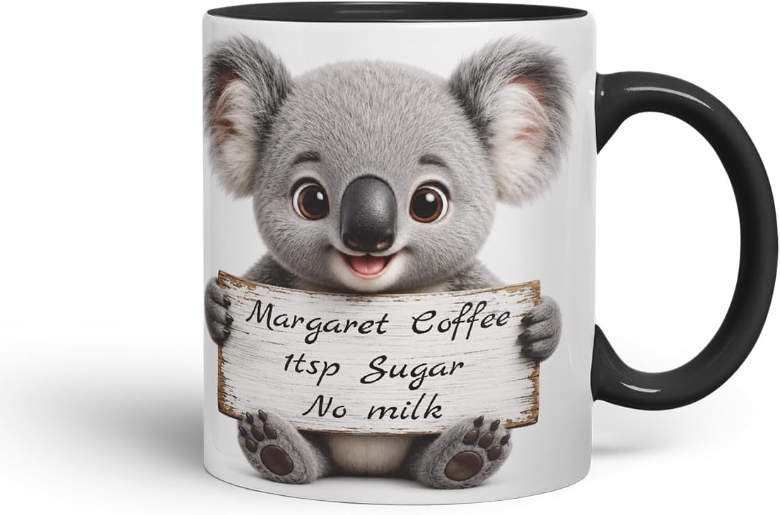 Vixar Personalised Koala Mug with Name or Custom Message – Cute Animal Coloured Ceramic Mug Cup Gift, 11oz (Black)