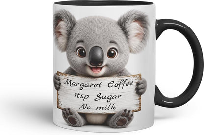 Vixar Personalised Koala Mug with Name or Custom Message – Cute Animal Coloured Ceramic Mug Cup Gift, 11oz (Black)