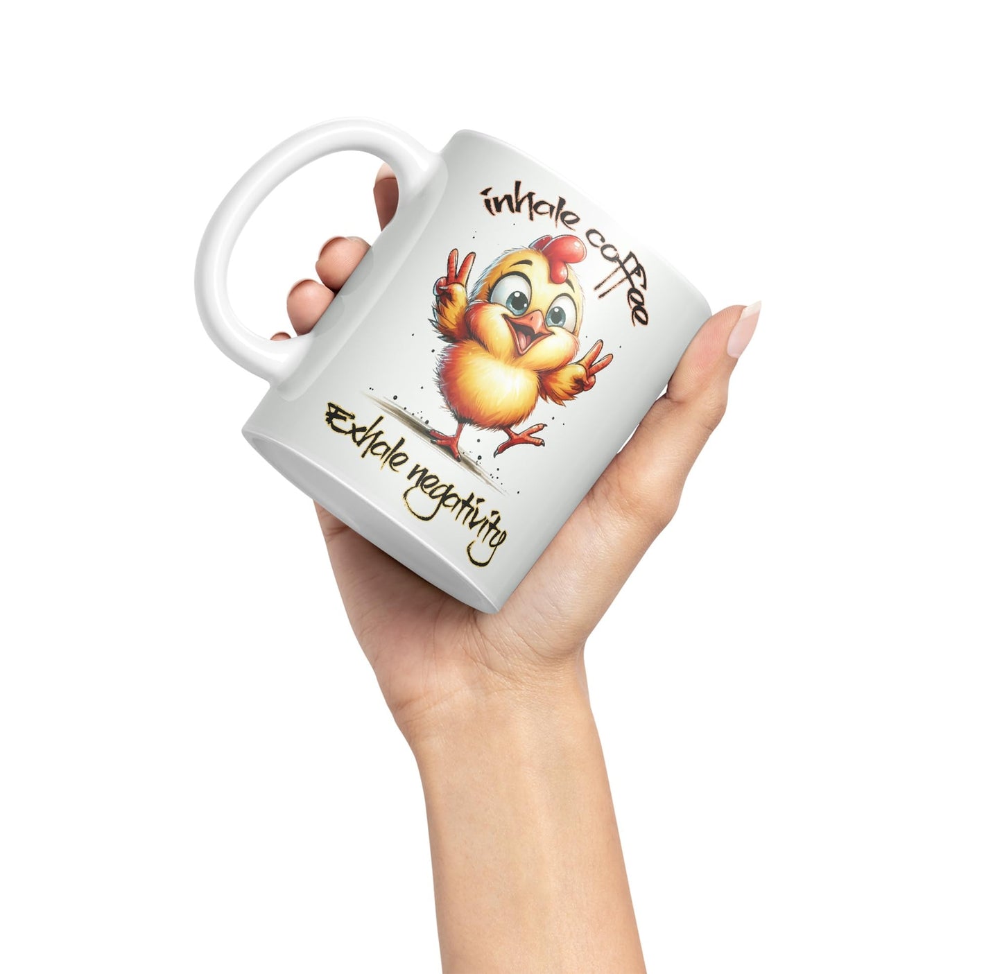 Inhale Coffee Exhale Negativity Chicken Joke sarkasm Sarcastic Ceramic Coloured Mug Cup for Tea Coffee Hot Brew 330ml 11Oz Gift