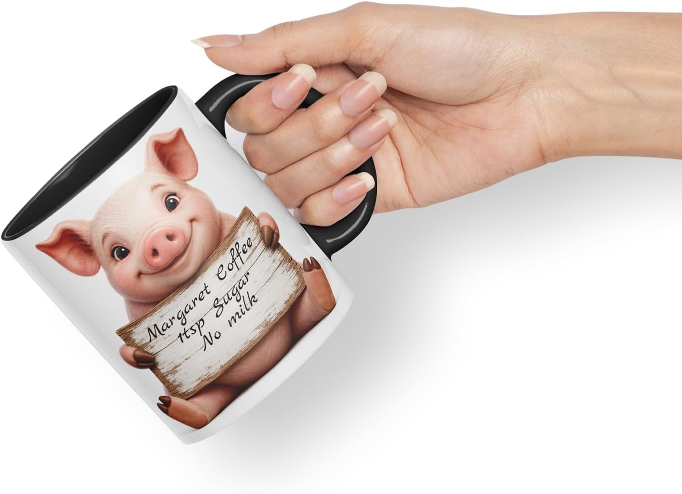 Vixar Personalised Pig Mug with Name or Custom Message – Cute Animal Coloured Ceramic Mug Cup Gift, 11oz (Black)