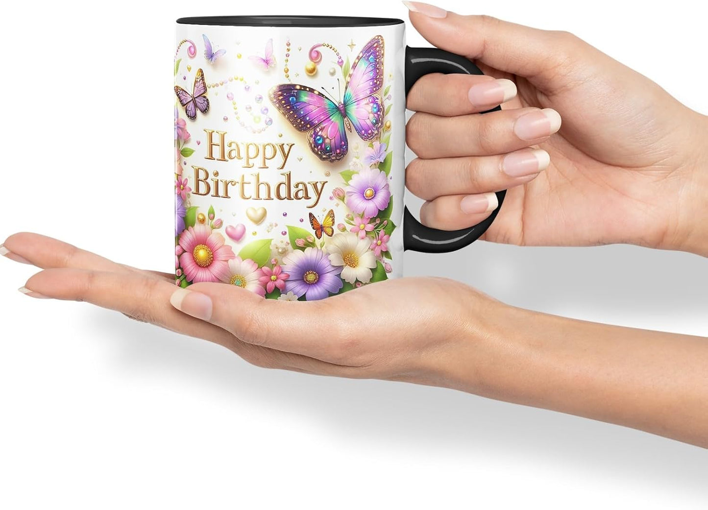 Vixar Happy Birthday Colourful Butterflies and Hearts Coloured Ceramic Mug Cup Gift 11oz V5 (Black)