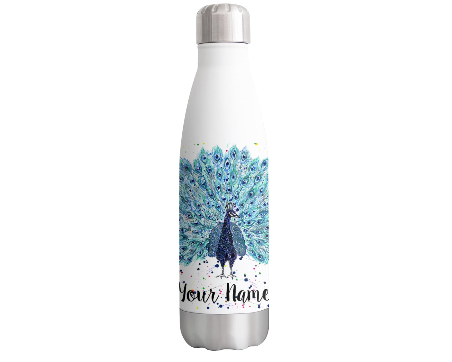 Vixar Peacock Personalised Custom Bottle with your Text/name Watercolour Peafowl Bird Animals Bottle Double Wall Insulated Stainless Steel Sport Drinks 500ml