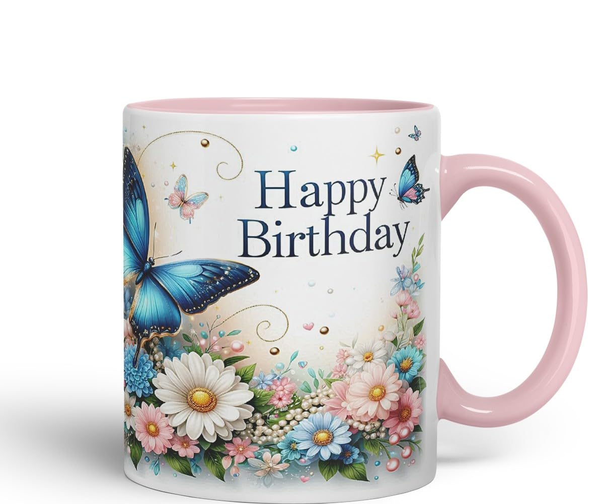 Vixar Happy Birthday Blue Butterfly Flowers Coloured Ceramic Mug Cup Gift 11oz V4 (Black)