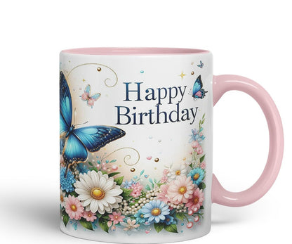 Vixar Happy Birthday Blue Butterfly Flowers Coloured Ceramic Mug Cup Gift 11oz V4 (Black)