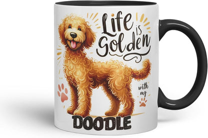 Vixar Life is Golden with My Doodle Dog Mug – Coloured Ceramic Mug Cup Gift, 11oz (Black)