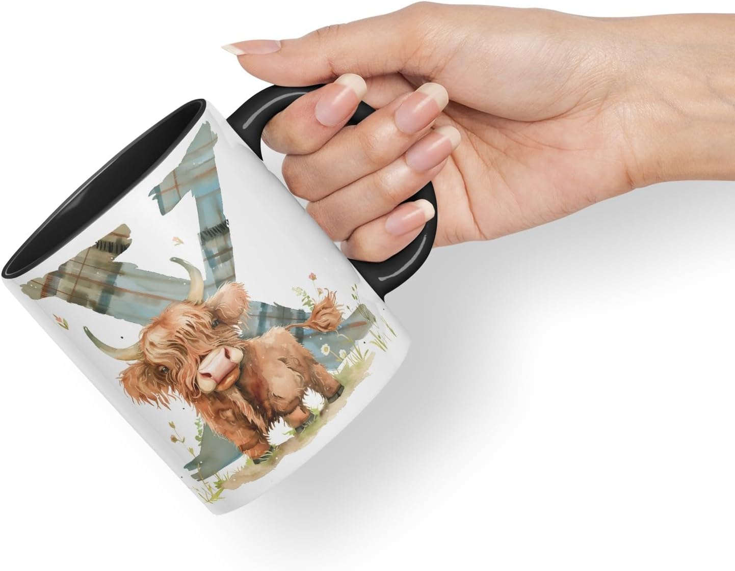 Vixar Highland Cow Alphabet Monogram Coloured Ceramic Cup Mug – Letter X – Rustic Farmhouse Animal Letter Gift – 11oz (Black)
