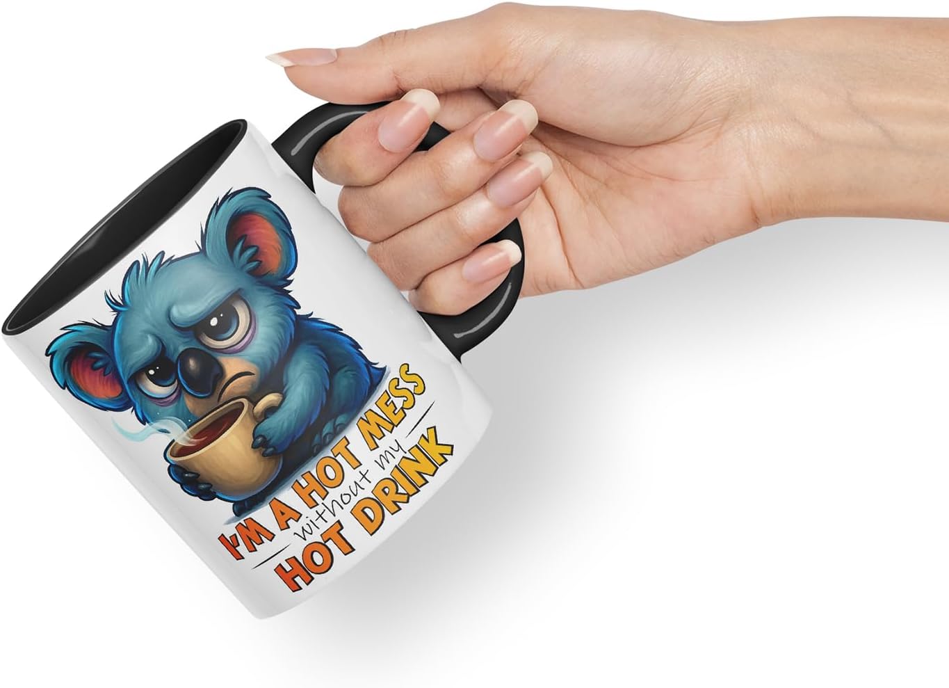 Vixar I'm A Hot Mess Without My Hot Drink Funny Koala Mug – Coloured Ceramic Mug Cup Gift, 11oz (Black)