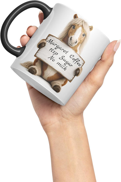 Vixar Personalised Pony Mug with Name or Custom Message – Cute Animal Coloured Ceramic Mug Cup Gift, 11oz (Black)