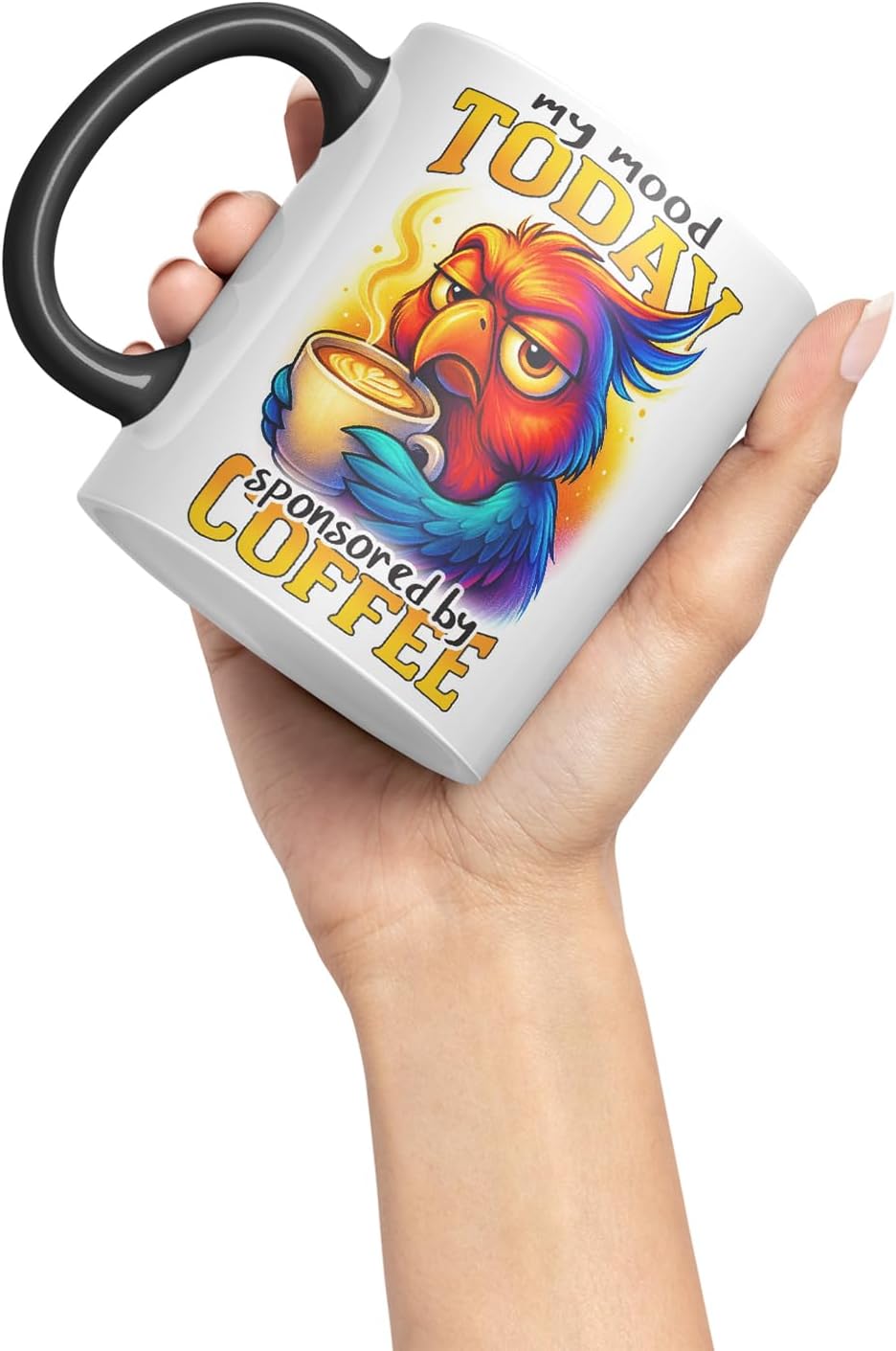 Vixar My Mood Today Sponsored By Coffee Funny Parrot Mug – Coloured Ceramic Mug Cup Gift, 11oz (Black)