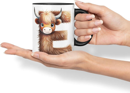 Highland Cow Alphabet Monogram Coloured Ceramic Cup Mug Letter E Rustic Farmhouse Animal Letter Gift V2 11oz (Black)