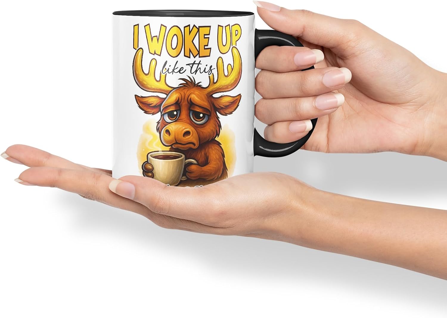 Vixar I Woke Up Like This and I Regret It Funny Moose Mug – Coloured Ceramic Mug Cup Gift, 11oz (Black)