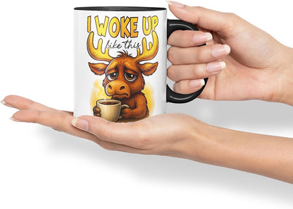 Vixar I Woke Up Like This and I Regret It Funny Moose Mug – Coloured Ceramic Mug Cup Gift, 11oz (Black)